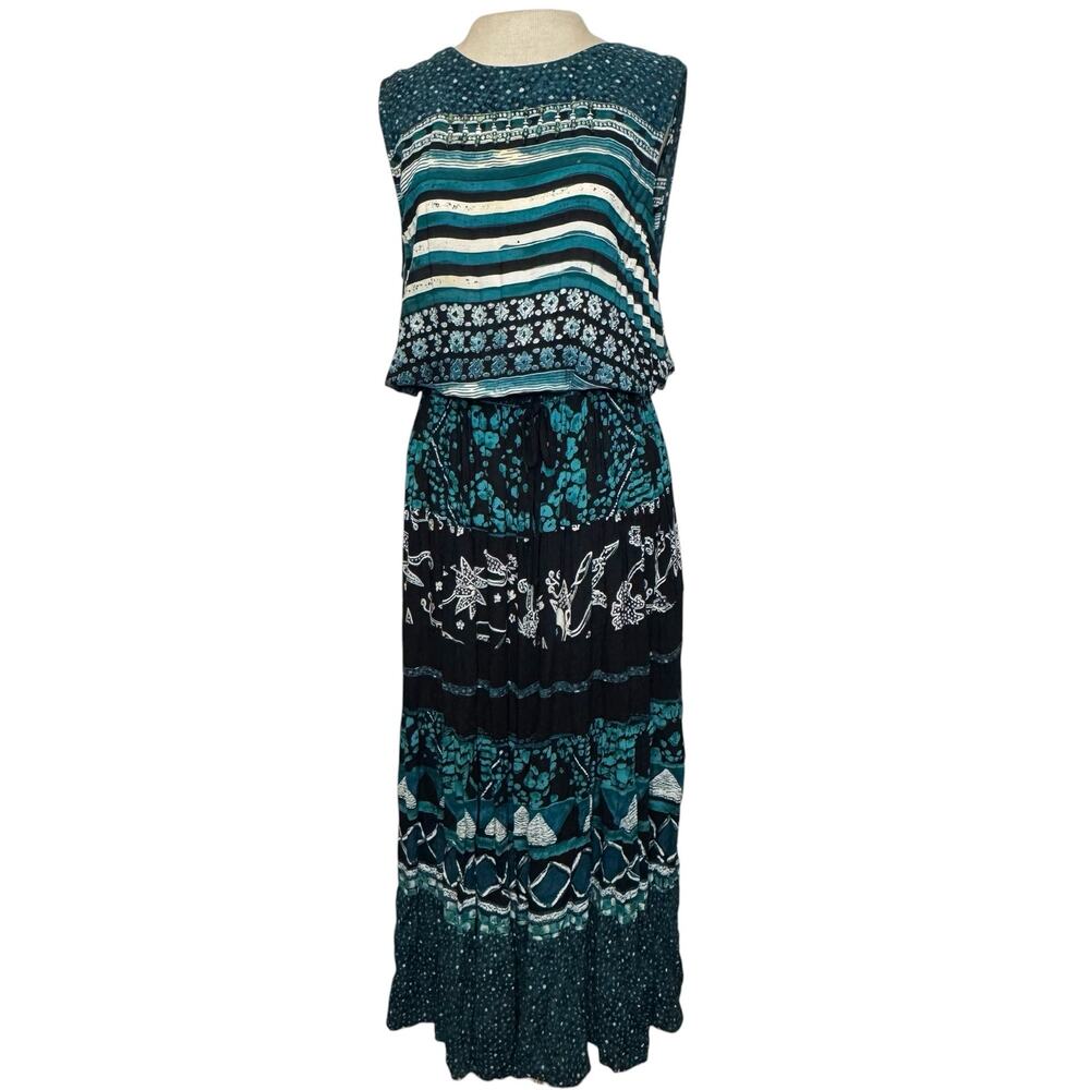 Vtg Carole Little Maxi Dress Size 14 Beaded Smocked Waist Boho Mixed Print